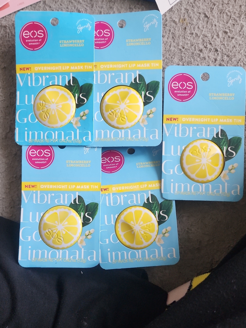 5 new eos Strawberry Limoncello Overnight Lip Mask Tin - Yellow & Blue Pack